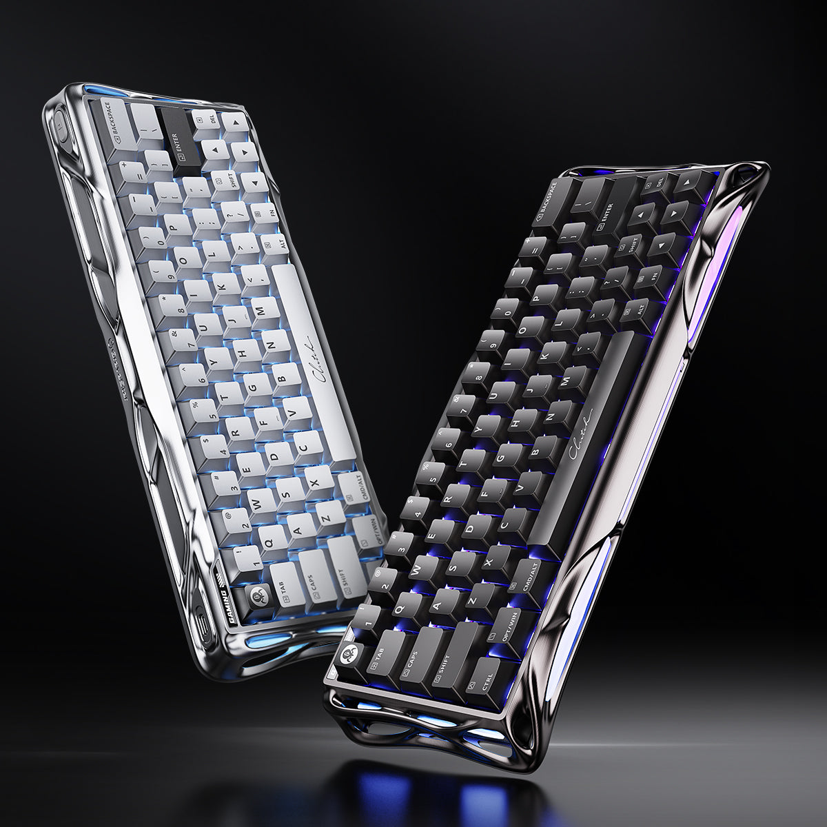 GravaStar V60 Pro & X Pro Gaming Set Mercury V60 Pro Deluxe Edition 60% magnetic keyboard dual-color V-shape display, showcasing Chrome Silver and GunMetal aluminum chassis with transparent keycaps, UFO magnetic switches, and 8kHz polling rate, perfect paired with Mercury X Pro mouse and Mars Pro speaker.