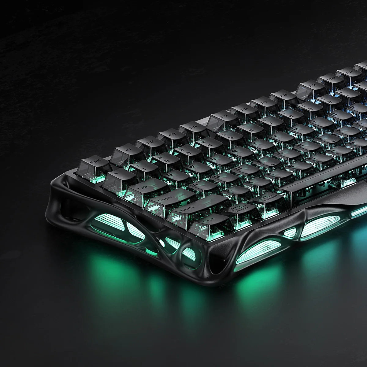 GravaStar Mercury V75 HE Gaming Keyboard - Side edge profile showcasing the 16-mode RGB lighting and semi-aluminum construction, delivering 0.125ms latency for Valorant and CS2.