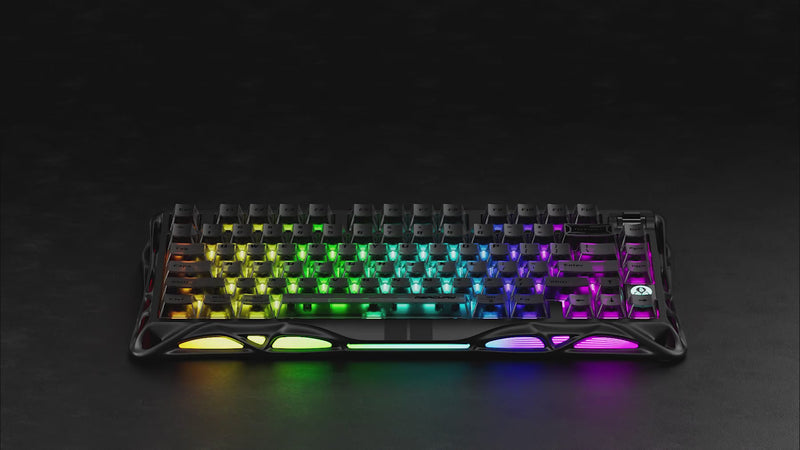 GravaStar Mercury V75 HE Hall Effect magnetic gaming keyboard in Stealth Black showcasing 16 customizable dynamic RGB lighting modes, south-facing LED illumination, dual-zone ambient lighting, Gateron Magnetic Jade Pro switches, 8000Hz polling rate, and semi-aluminum skeleton frame.