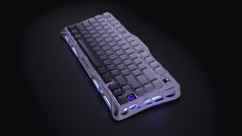 GravaStar Pro Gaming Set Gradient White Mercury K1 75% wireless mechanical gaming keyboard video showcasing gradient white aluminum skeletal frame, gradient keycaps, and ice blue RGB lighting.