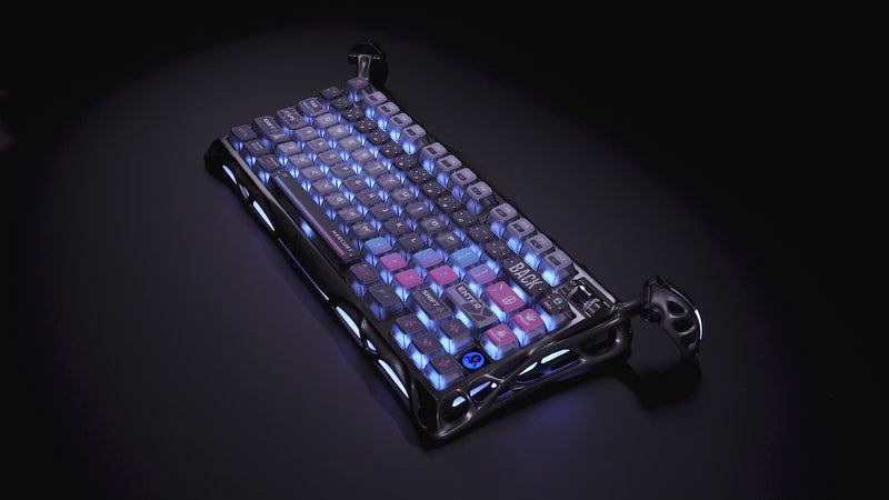 GravaStar Mercury K1 Pro Cyberpunk Edition wireless mechanical keyboard featuring aluminum alloy skeletal frame, Kailh Speedy Mint linear switches, Pudding PBT keycaps, dual independent RGB backlighting systems, and gasket-mounted 75% layout design.