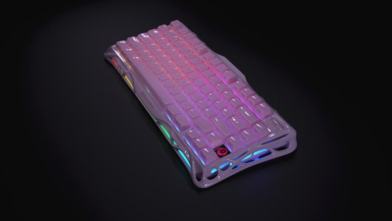 GravaStar Mercury K1 Special Edition Sakura Pink 75% wireless mechanical gaming keyboard video showcasing aluminum alloy exoskeleton frame, custom linear switches, 5-layer PORON sound dampening, 8000mAh battery, and dual ARGB lighting.