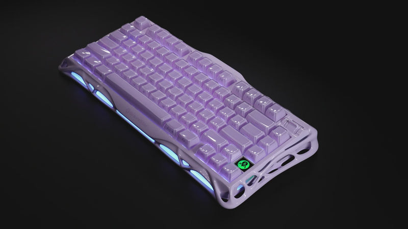 GravaStar Mercury K1 Special Edition Lavender Purple 75% wireless mechanical gaming keyboard video showcasing aluminum alloy exoskeleton frame, custom linear switches, 5-layer PORON sound dampening, 8000mAh battery, and dual ARGB lighting.