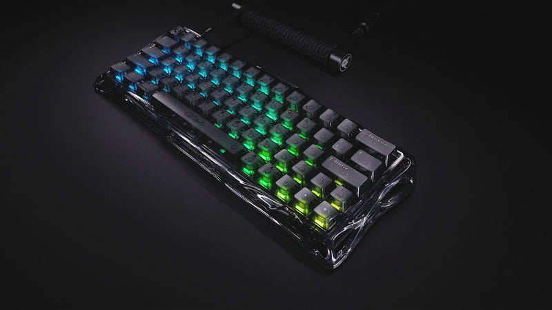 GravaStar V60 and X Air 8000Hz Gaming Set Mercury V60 Onyx Crystal 60% transparent magnetic gaming keyboard video showcase featuring full frosted PC keycaps, white UFO magnetic switches, True 8kHz polling rate, 0.125ms low latency, and ice blue RGB backlighting.