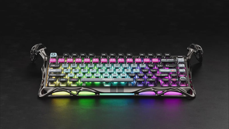 GravaStar Mercury V75 Pro Cyberpunk Hall Effect magnetic gaming keyboard showcasing 16 customizable dynamic RGB lighting modes, glowing core sphere, pink cyan neon gradient keycaps, GravaStar UFO magnetic switches, 8000Hz polling rate, and gunmetal semi-aluminum skeleton frame.