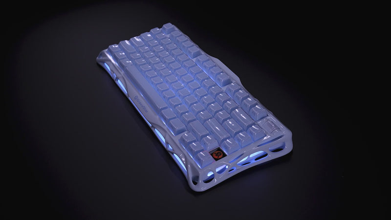 GravaStar Mercury K1 Special Edition Ice Blue 75% wireless mechanical gaming keyboard video showcasing aluminum alloy exoskeleton frame, custom linear switches, 5-layer PORON sound dampening, 8000mAh battery, and dual ARGB lighting.