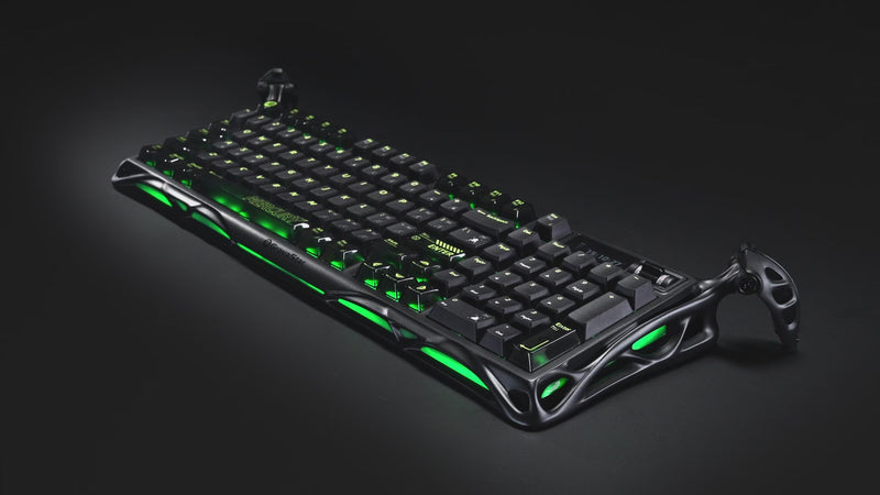 GravaStar Mercury K98 Pro Phantom Black 98% mechanical gaming keyboard video showcase highlighting glossy aluminum alloy exoskeleton frame, 1.65” TFT smart display, dual 8KHz polling rate, custom UFO switches, and ARGB lighting.